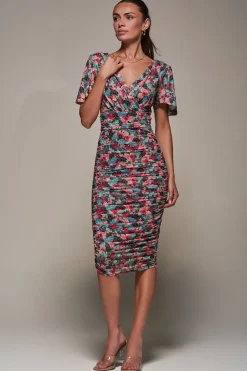 Angel Sleeved Floral Mesh Bodycon Dress, Teal Multi
