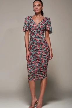 Angel Sleeved Floral Mesh Bodycon Dress, Teal Multi