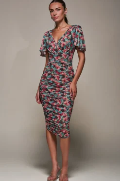Angel Sleeved Floral Mesh Bodycon Dress, Teal Multi