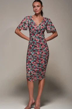 Angel Sleeved Floral Mesh Bodycon Dress, Teal Multi
