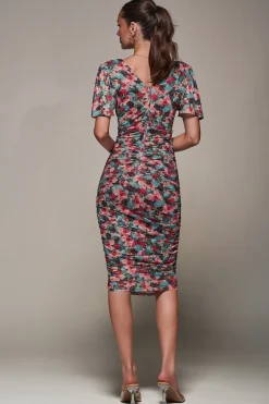 Angel Sleeved Floral Mesh Bodycon Dress, Teal Multi