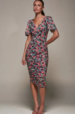 Angel Sleeved Floral Mesh Bodycon Dress, Teal Multi