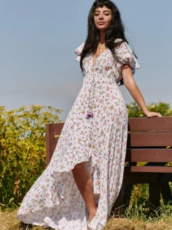 Angel Sleeved High Low Holiday Maxi Dress, Pink Floral