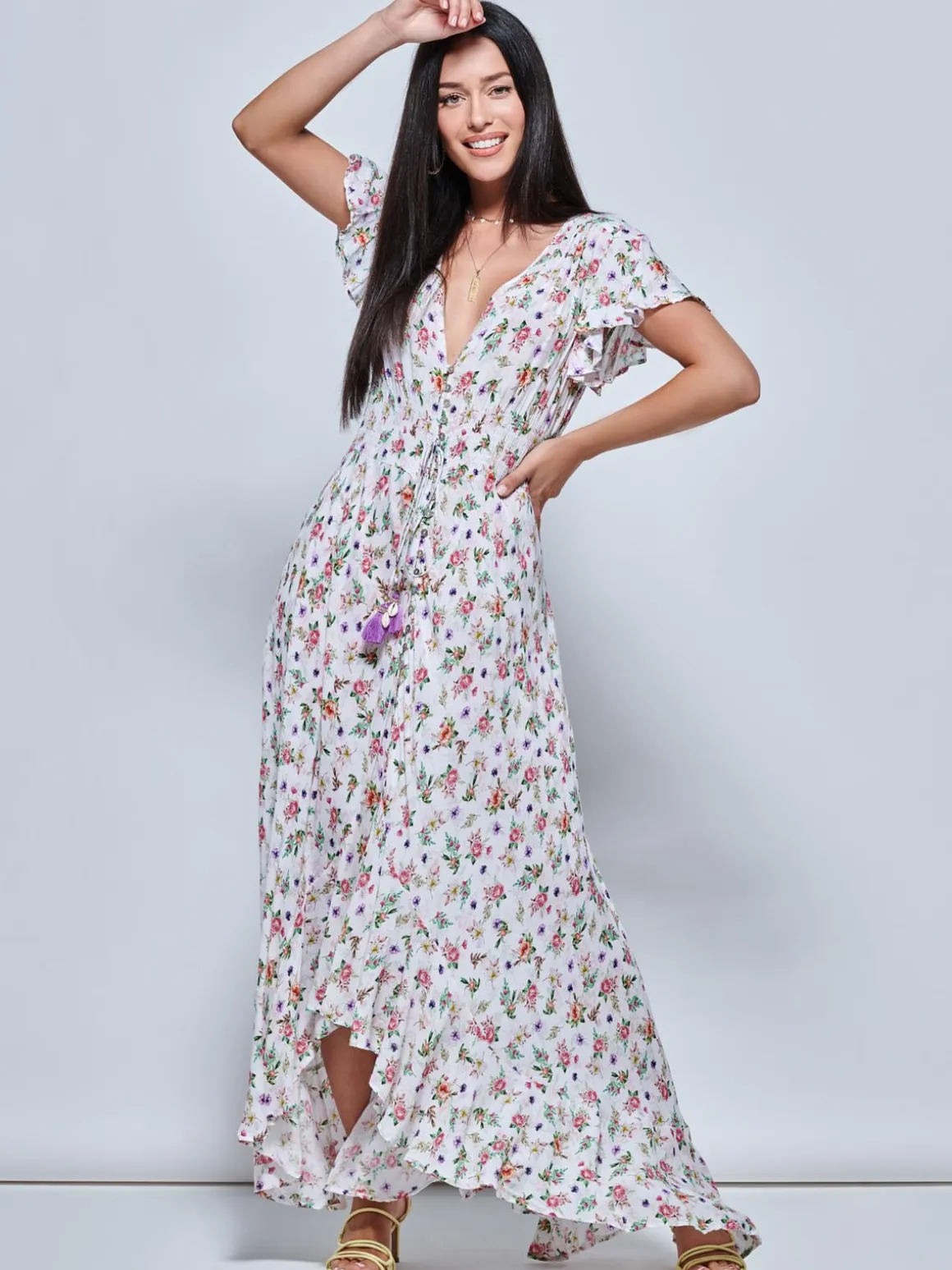 Angel Sleeved High Low Holiday Maxi Dress, Pink Floral