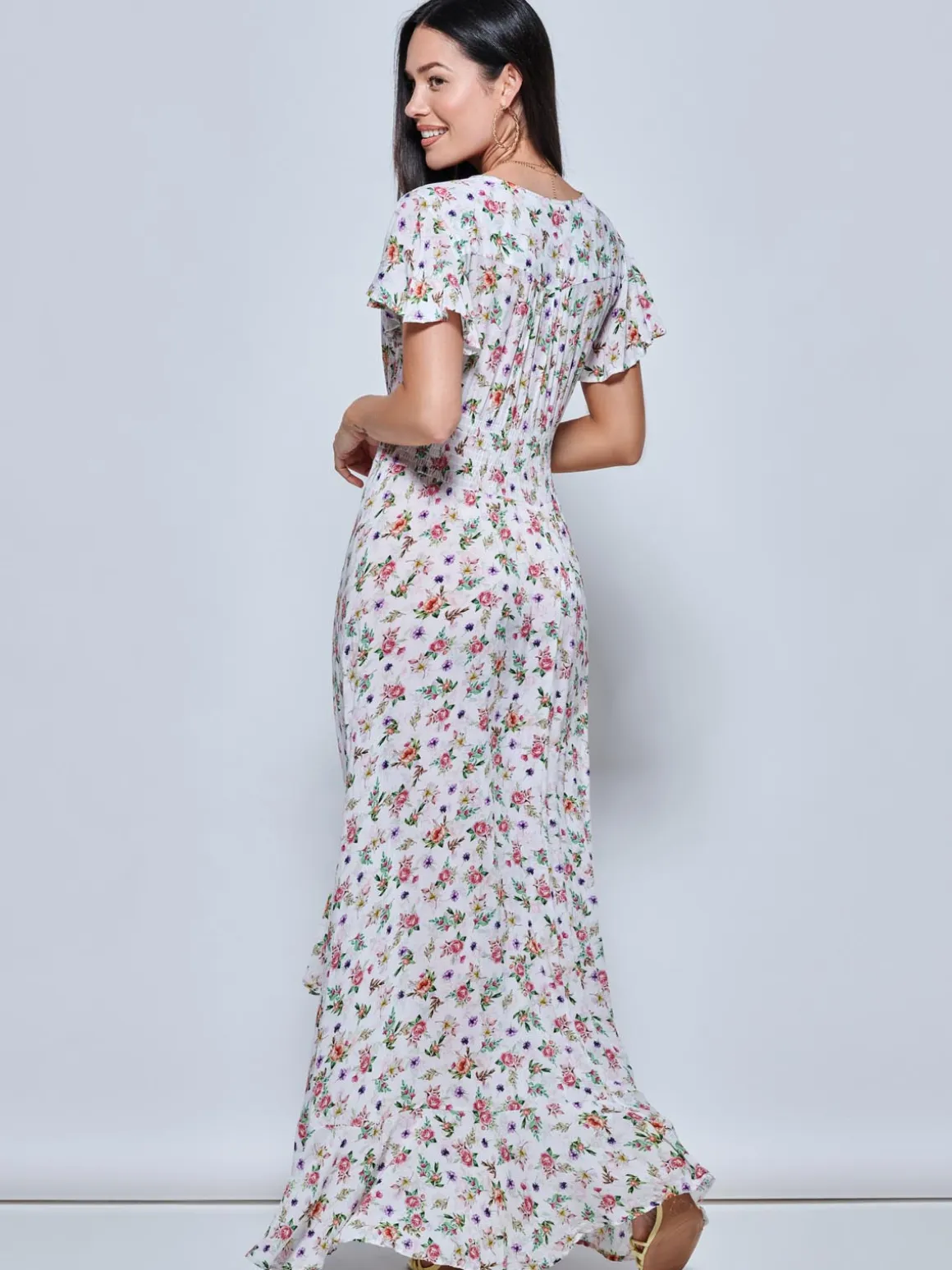 Angel Sleeved High Low Holiday Maxi Dress, Pink Floral