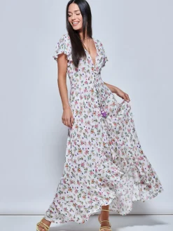 Angel Sleeved High Low Holiday Maxi Dress, Pink Floral