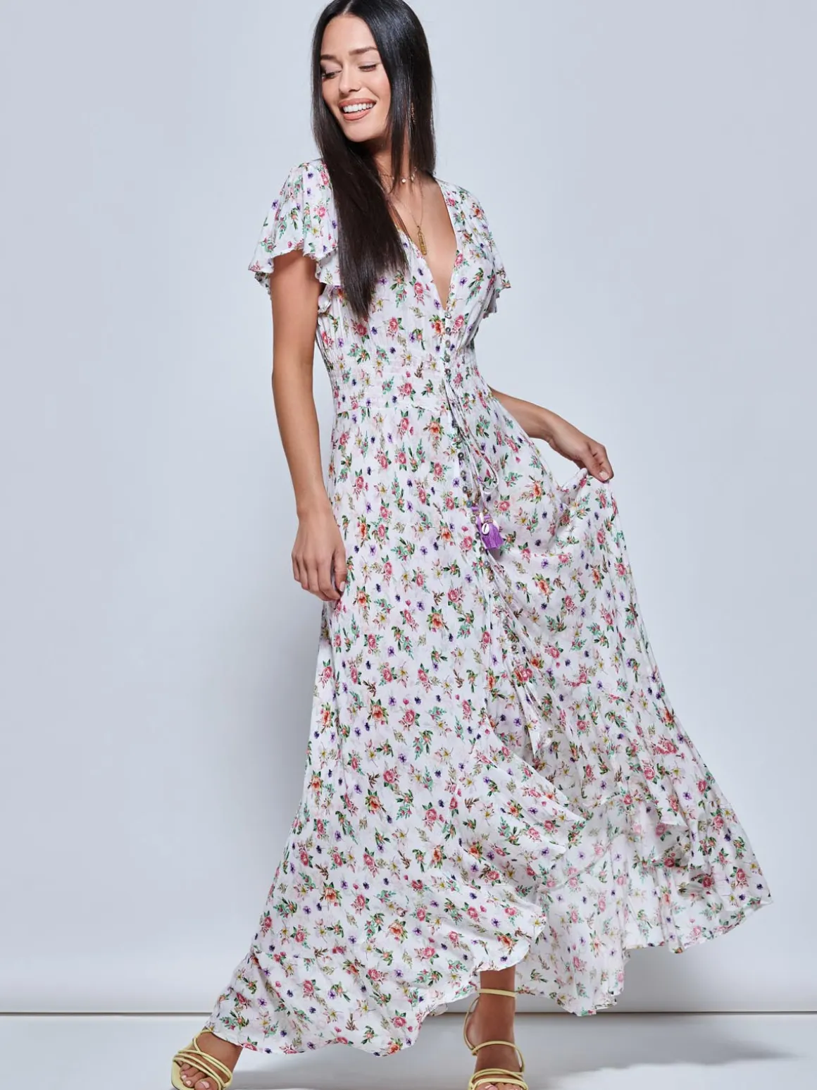 Angel Sleeved High Low Holiday Maxi Dress, Pink Floral