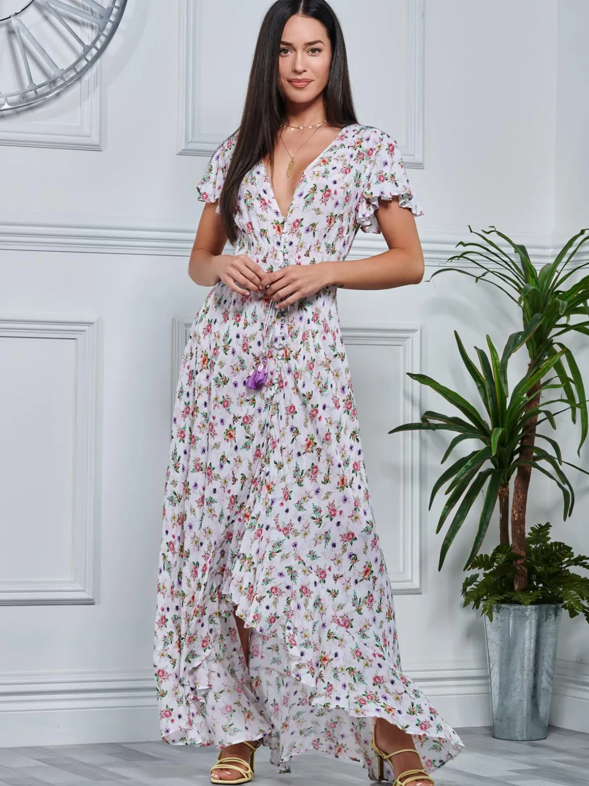 Angel Sleeved High Low Holiday Maxi Dress, Pink Floral
