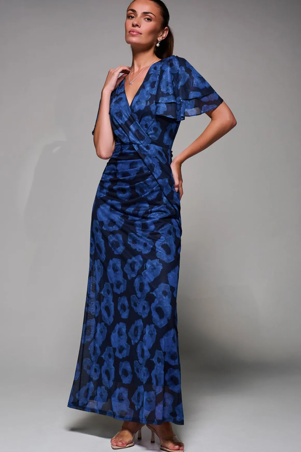 Angel Sleeve Draped Mesh Maxi Dress, Blue Abstract