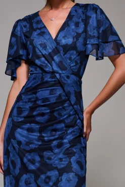 Angel Sleeve Draped Mesh Maxi Dress, Blue Abstract