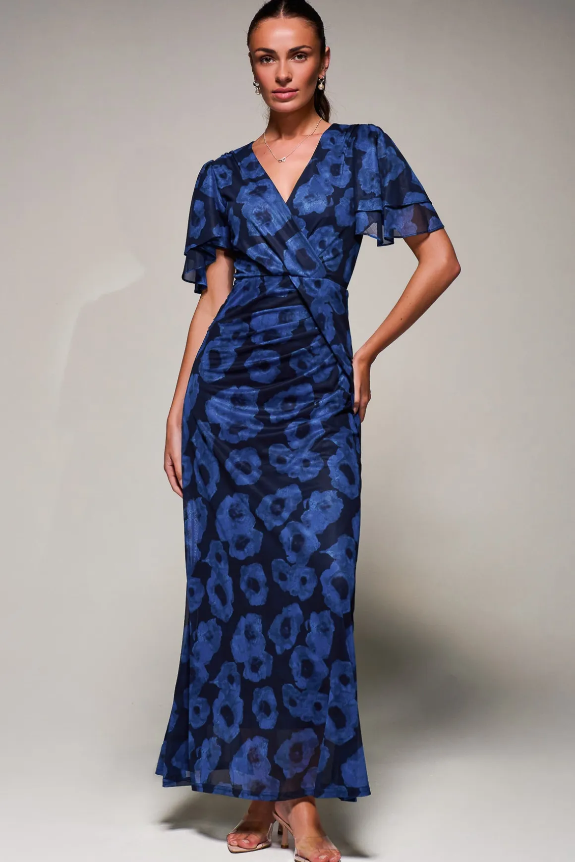 Angel Sleeve Draped Mesh Maxi Dress, Blue Abstract