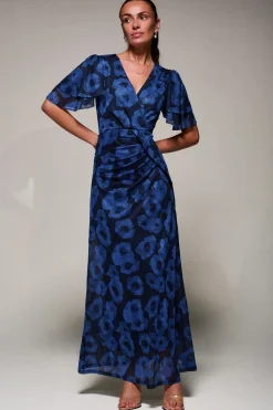 Angel Sleeve Draped Mesh Maxi Dress, Blue Abstract