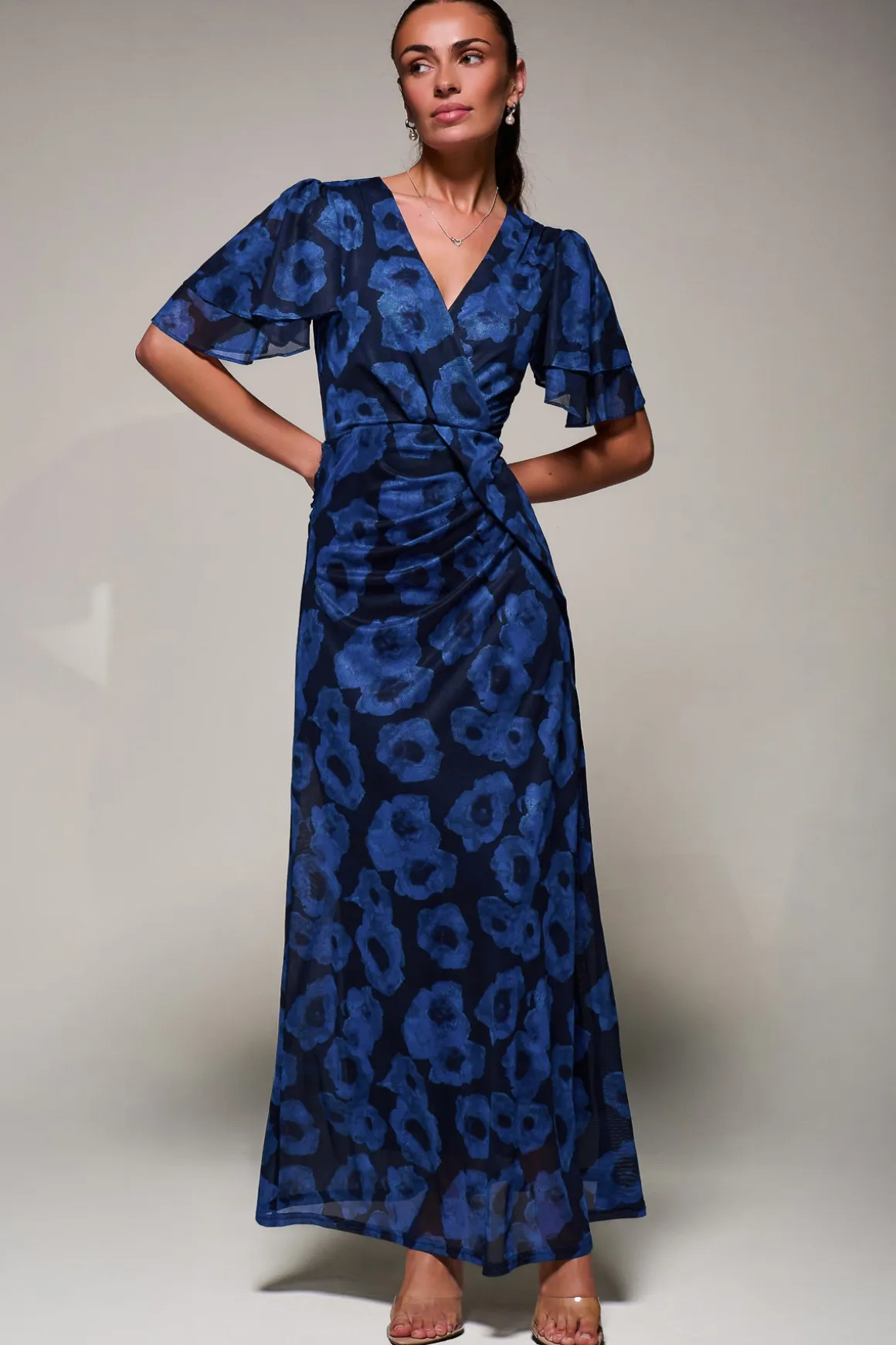 Angel Sleeve Draped Mesh Maxi Dress, Blue Abstract