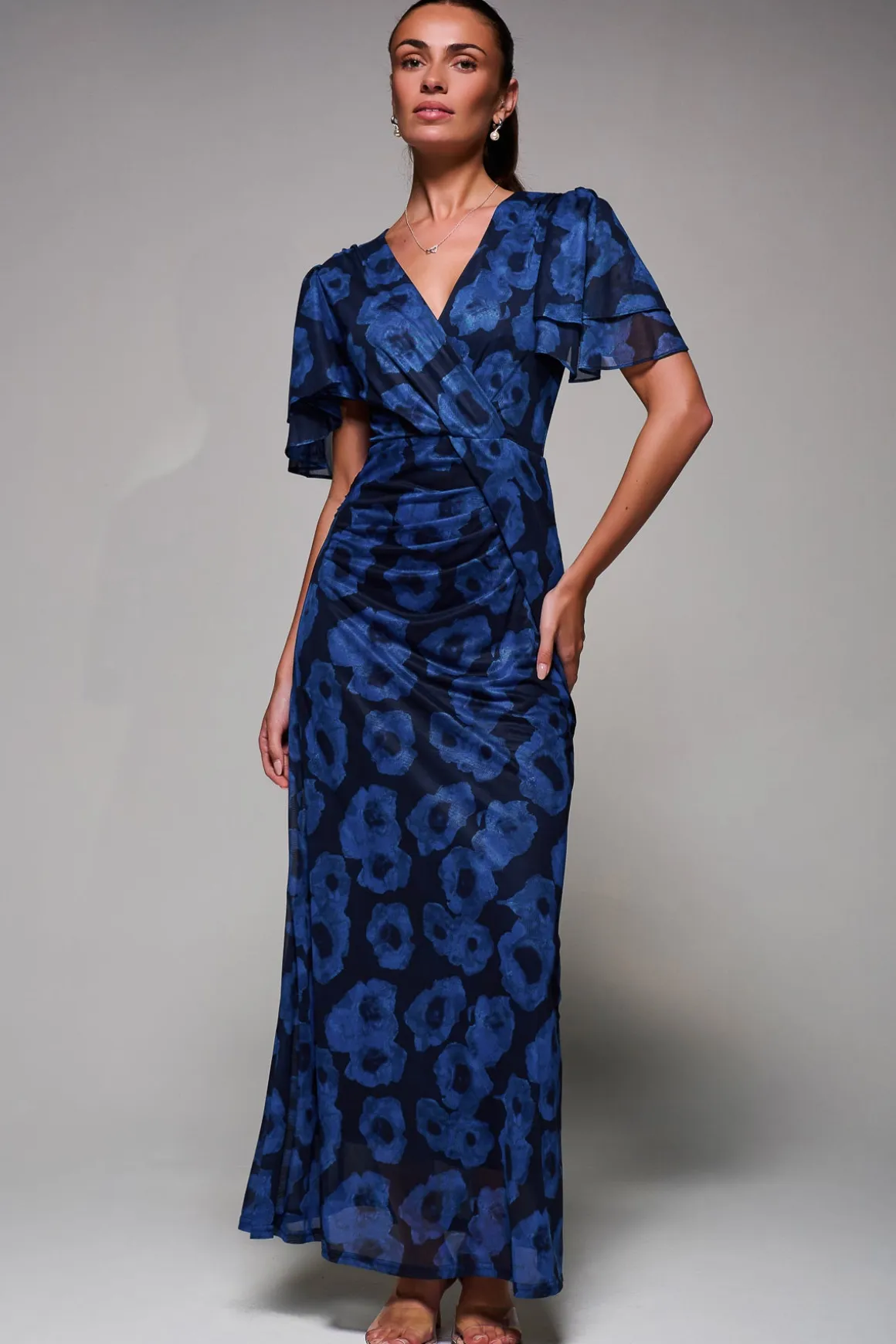 Angel Sleeve Draped Mesh Maxi Dress, Blue Abstract