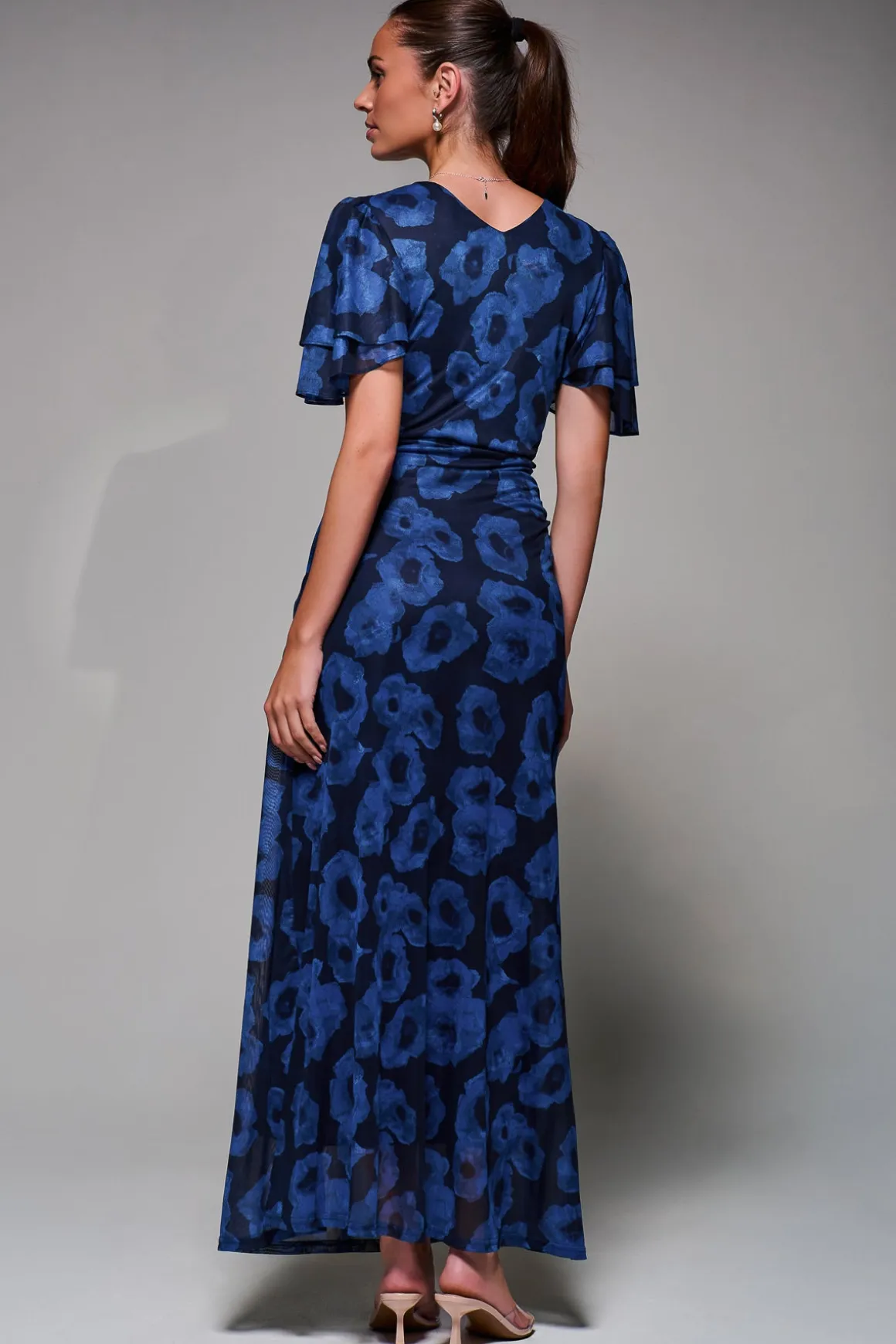 Angel Sleeve Draped Mesh Maxi Dress, Blue Abstract