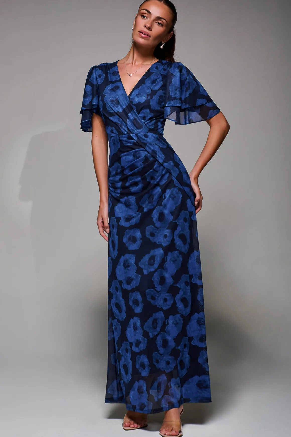 Angel Sleeve Draped Mesh Maxi Dress, Blue Abstract