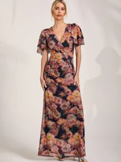 Angel Sleeve Draped Mesh Maxi Dress, Orange Floral