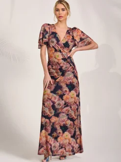 Angel Sleeve Draped Mesh Maxi Dress, Orange Floral