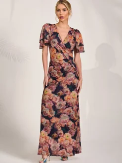 Angel Sleeve Draped Mesh Maxi Dress, Orange Floral