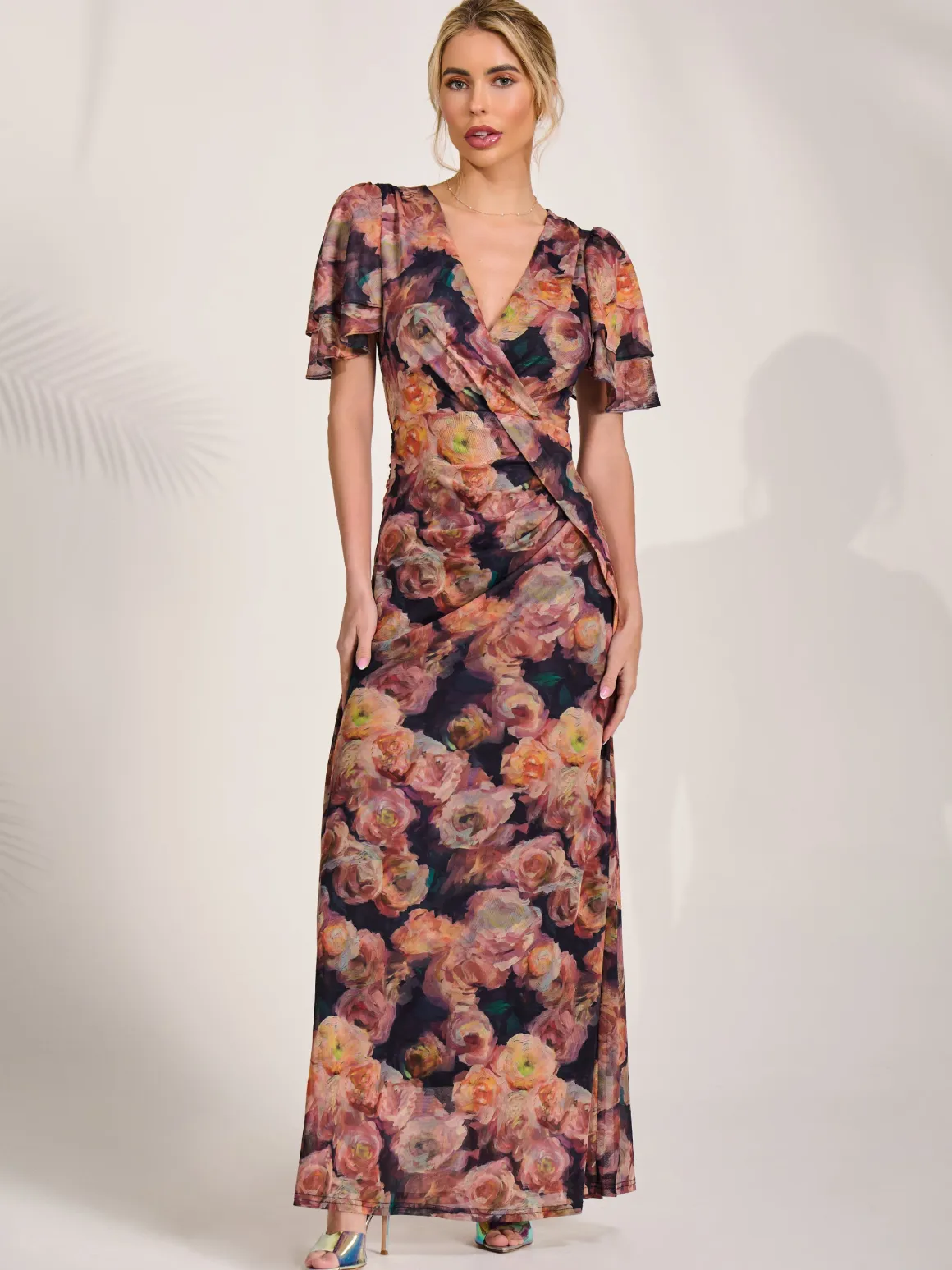 Angel Sleeve Draped Mesh Maxi Dress, Orange Floral