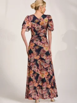 Angel Sleeve Draped Mesh Maxi Dress, Orange Floral
