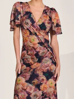 Angel Sleeve Draped Mesh Maxi Dress, Orange Floral