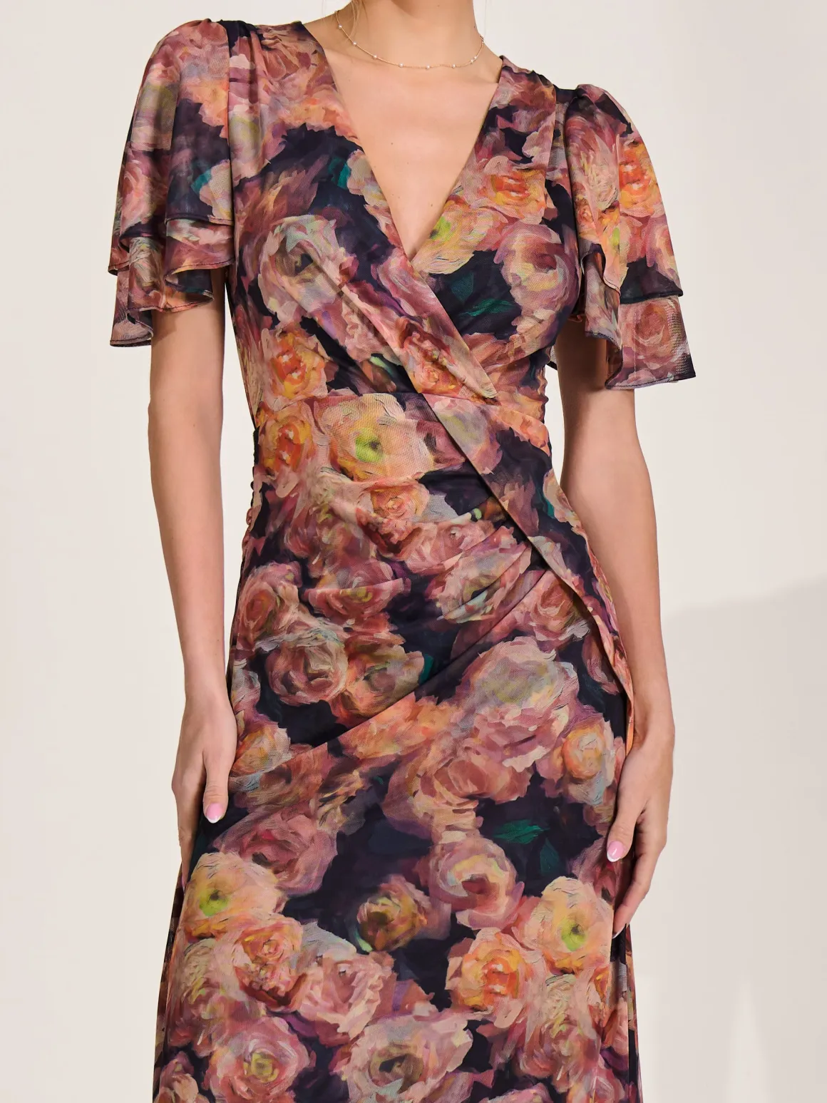 Angel Sleeve Draped Mesh Maxi Dress, Orange Floral