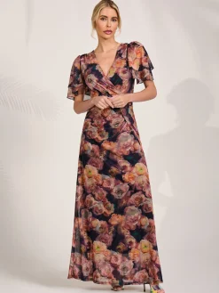 Angel Sleeve Draped Mesh Maxi Dress, Orange Floral