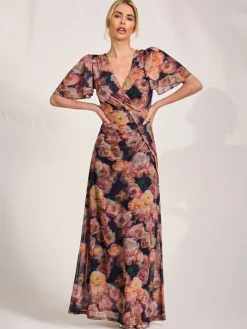 Angel Sleeve Draped Mesh Maxi Dress, Orange Floral