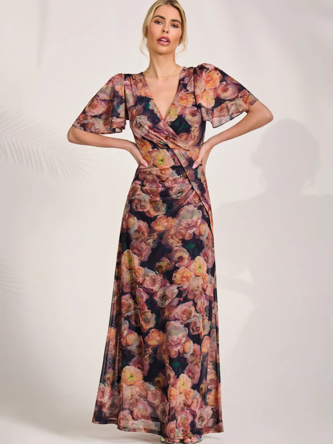 Angel Sleeve Draped Mesh Maxi Dress, Orange Floral