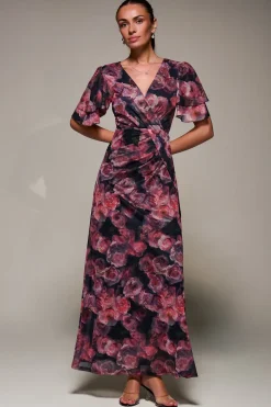 Angel Sleeve Draped Mesh Maxi Dress, Pink Floral