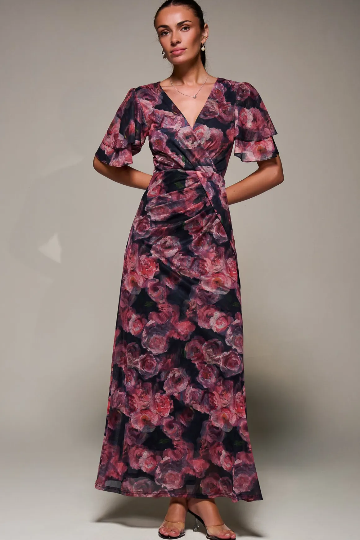 Angel Sleeve Draped Mesh Maxi Dress, Pink Floral