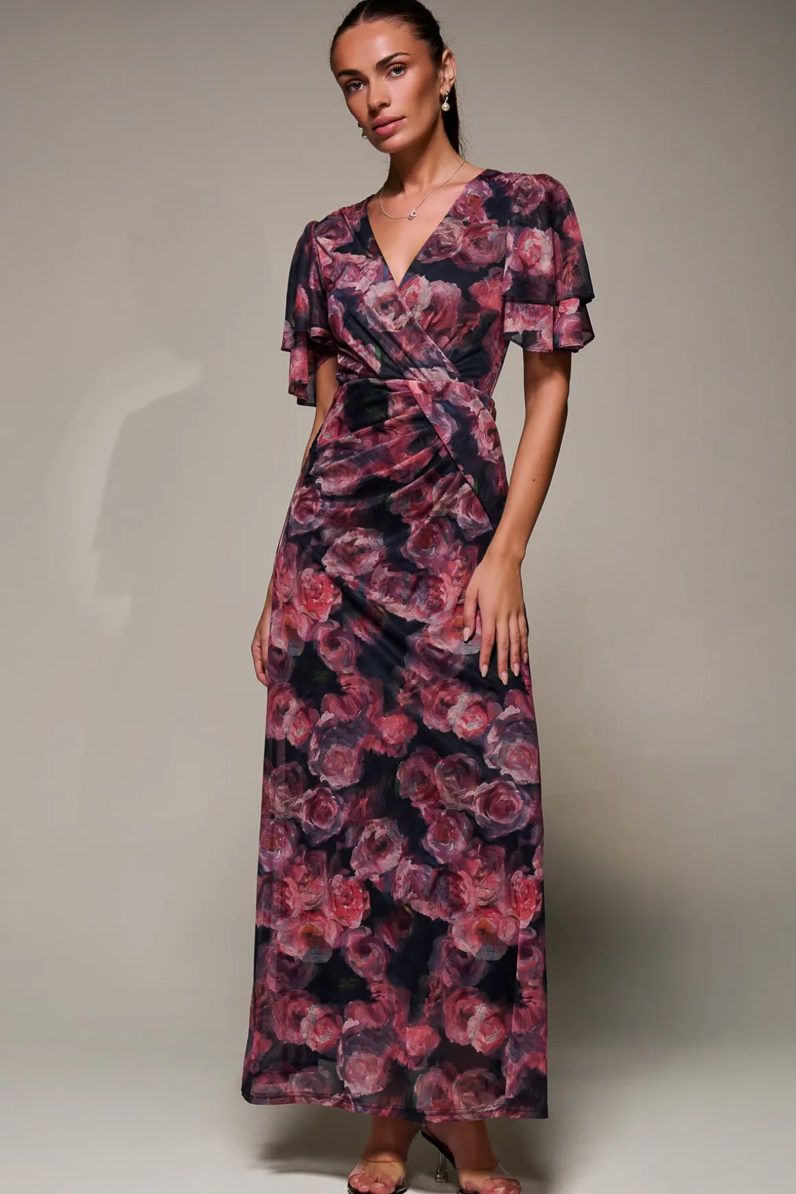 Angel Sleeve Draped Mesh Maxi Dress, Pink Floral