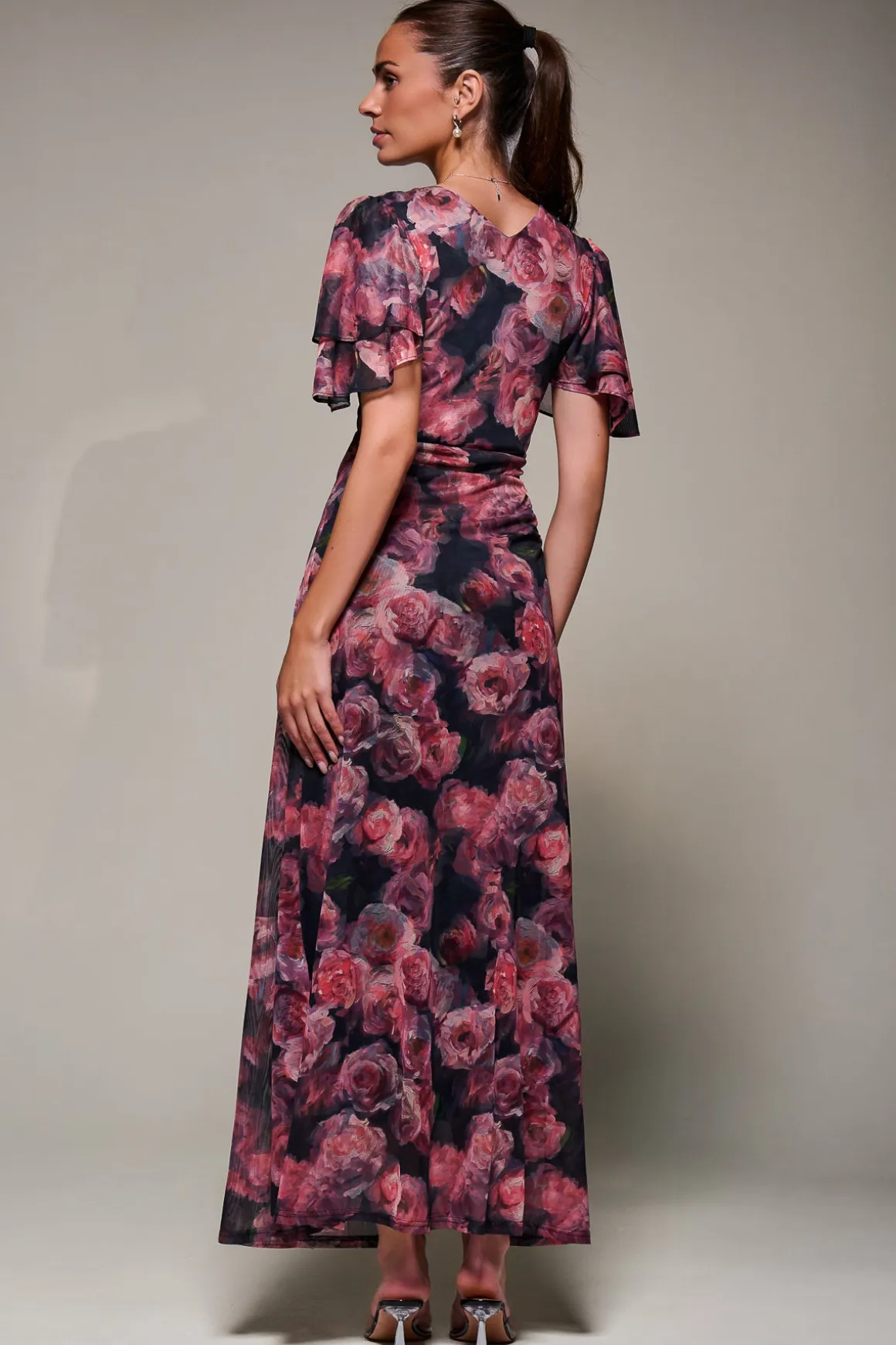 Angel Sleeve Draped Mesh Maxi Dress, Pink Floral