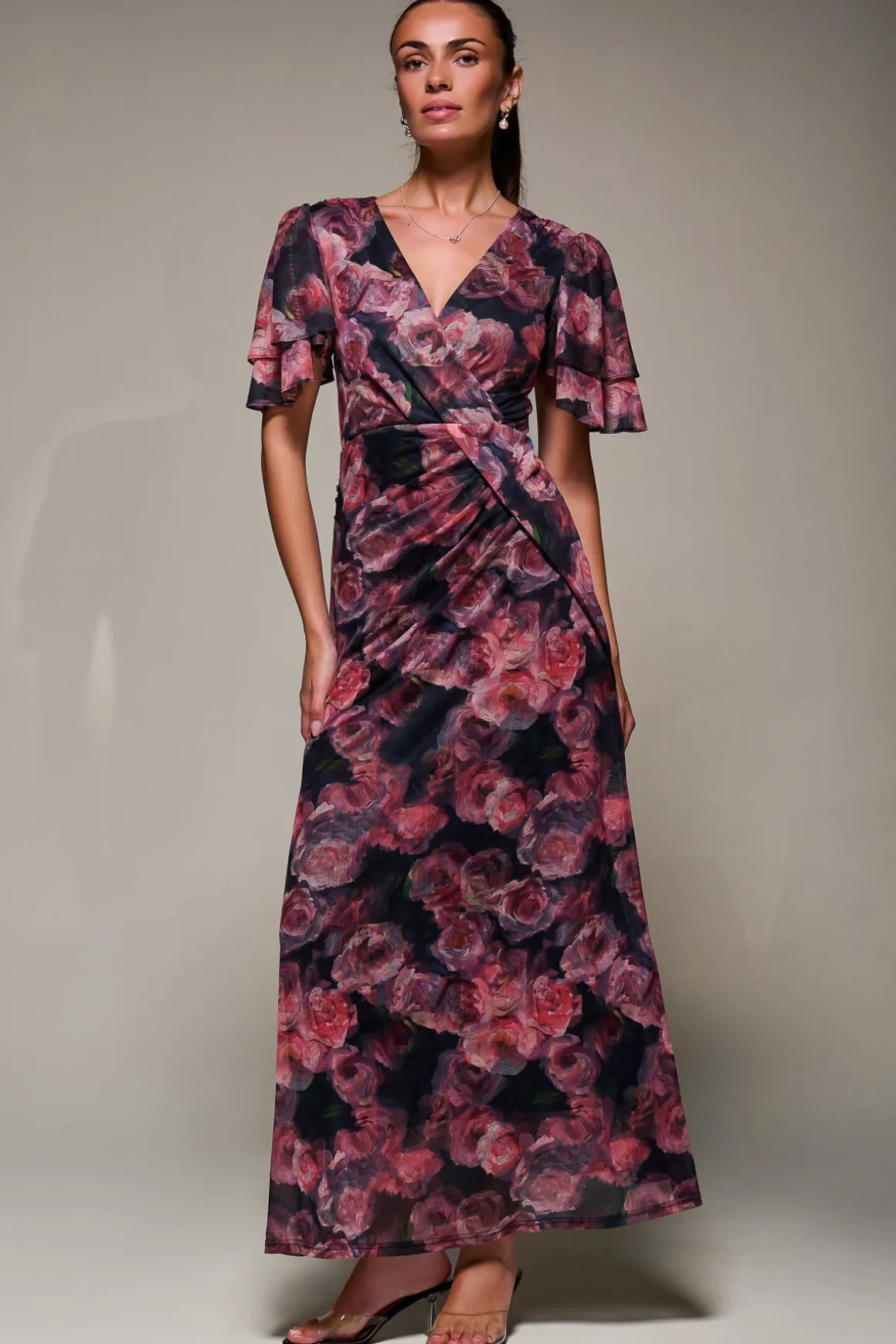 Angel Sleeve Draped Mesh Maxi Dress, Pink Floral