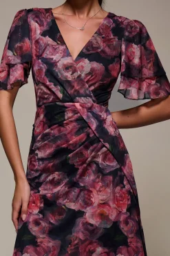 Angel Sleeve Draped Mesh Maxi Dress, Pink Floral
