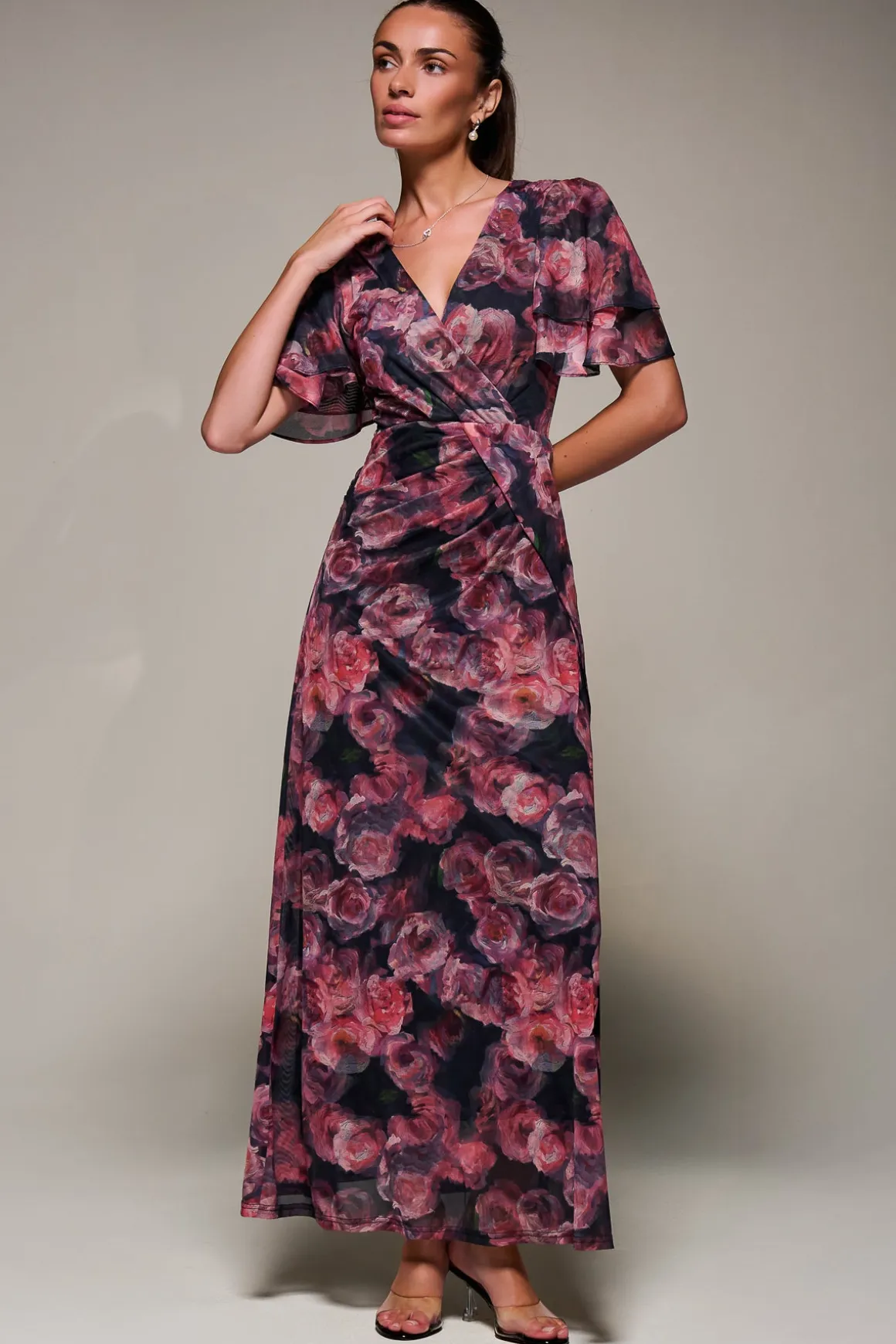 Angel Sleeve Draped Mesh Maxi Dress, Pink Floral