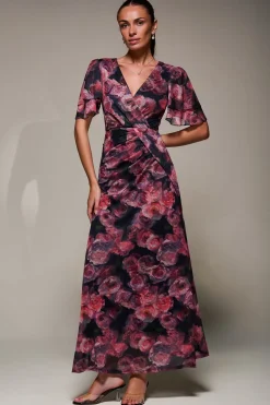 Angel Sleeve Draped Mesh Maxi Dress, Pink Floral
