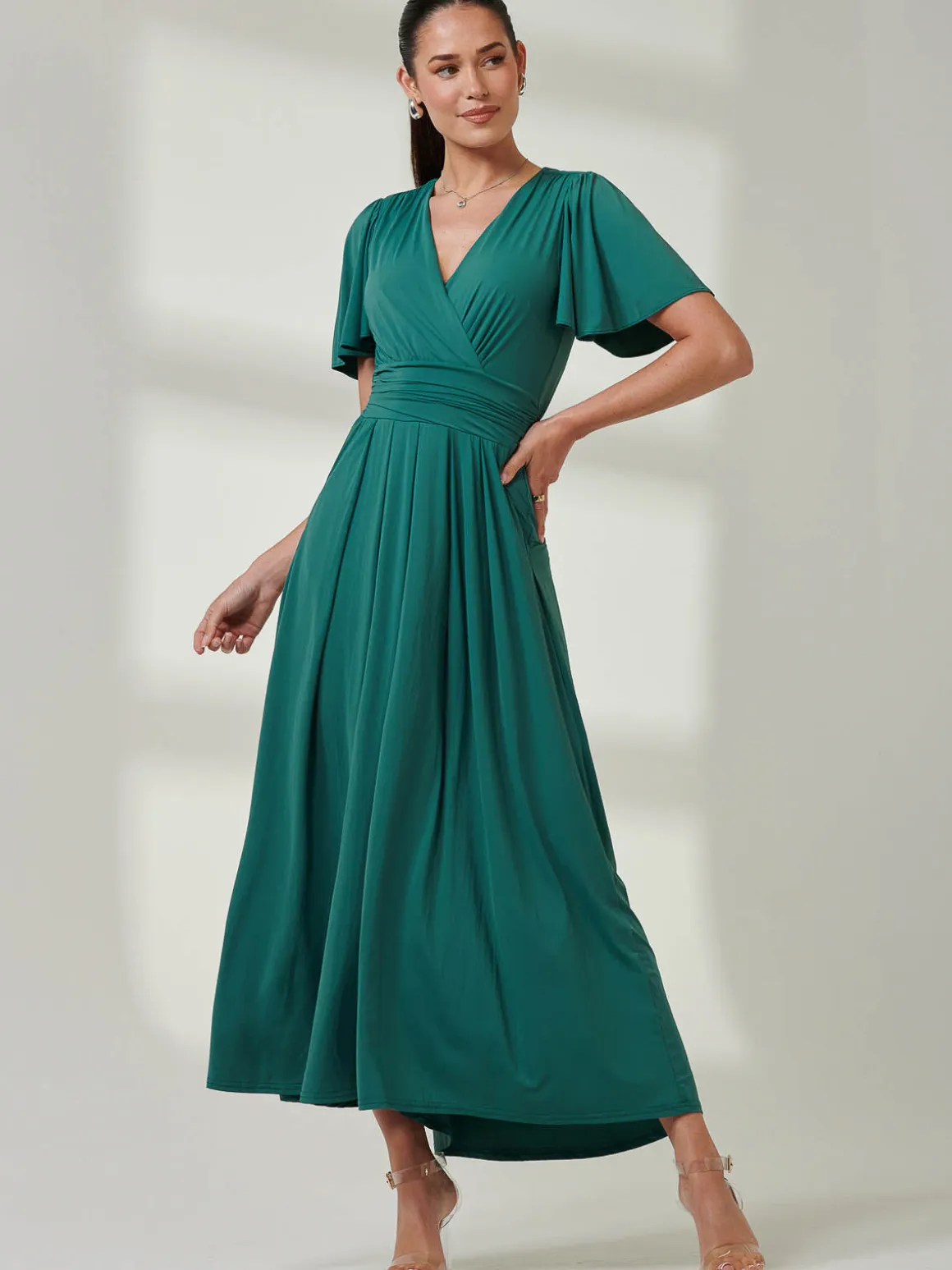 Angel Sleeve Jersey Maxi Dress, Dark Teal