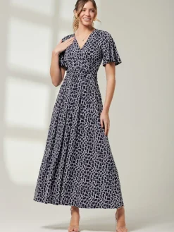 Angel Sleeve Jersey Maxi Dress, Navy Geo