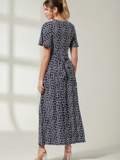 Angel Sleeve Jersey Maxi Dress, Navy Geo