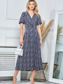 Angel Sleeve Jersey Maxi Dress, Navy Geo