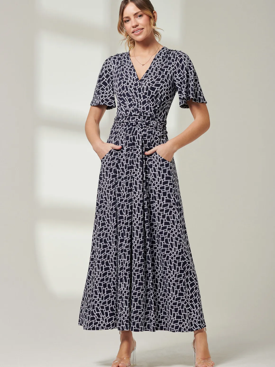 Angel Sleeve Jersey Maxi Dress, Navy Geo
