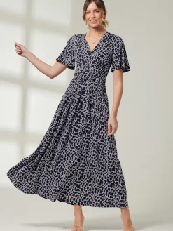 Angel Sleeve Jersey Maxi Dress, Navy Geo