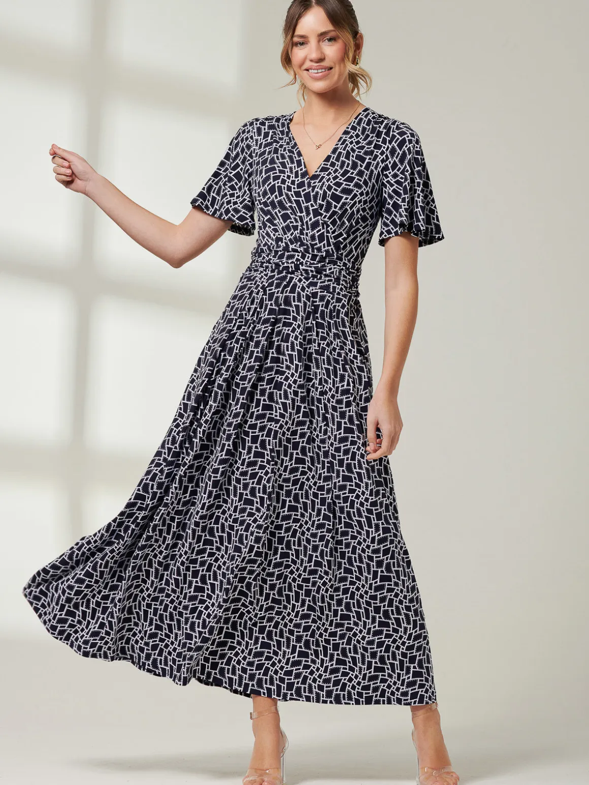 Angel Sleeve Jersey Maxi Dress, Navy Geo