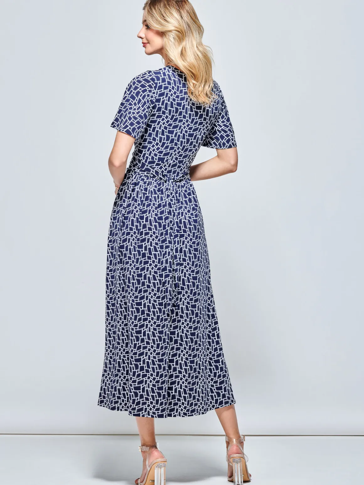 Angel Sleeve Jersey Maxi Dress, Navy Geo