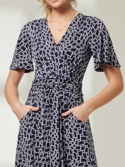 Angel Sleeve Jersey Maxi Dress, Navy Geo
