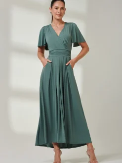 Angel Sleeve Jersey Maxi Dress Pleat Green