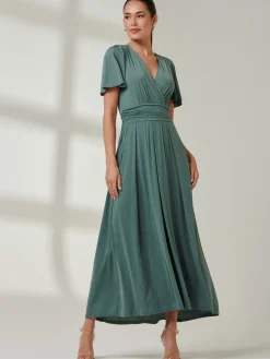 Angel Sleeve Jersey Maxi Dress Pleat Green