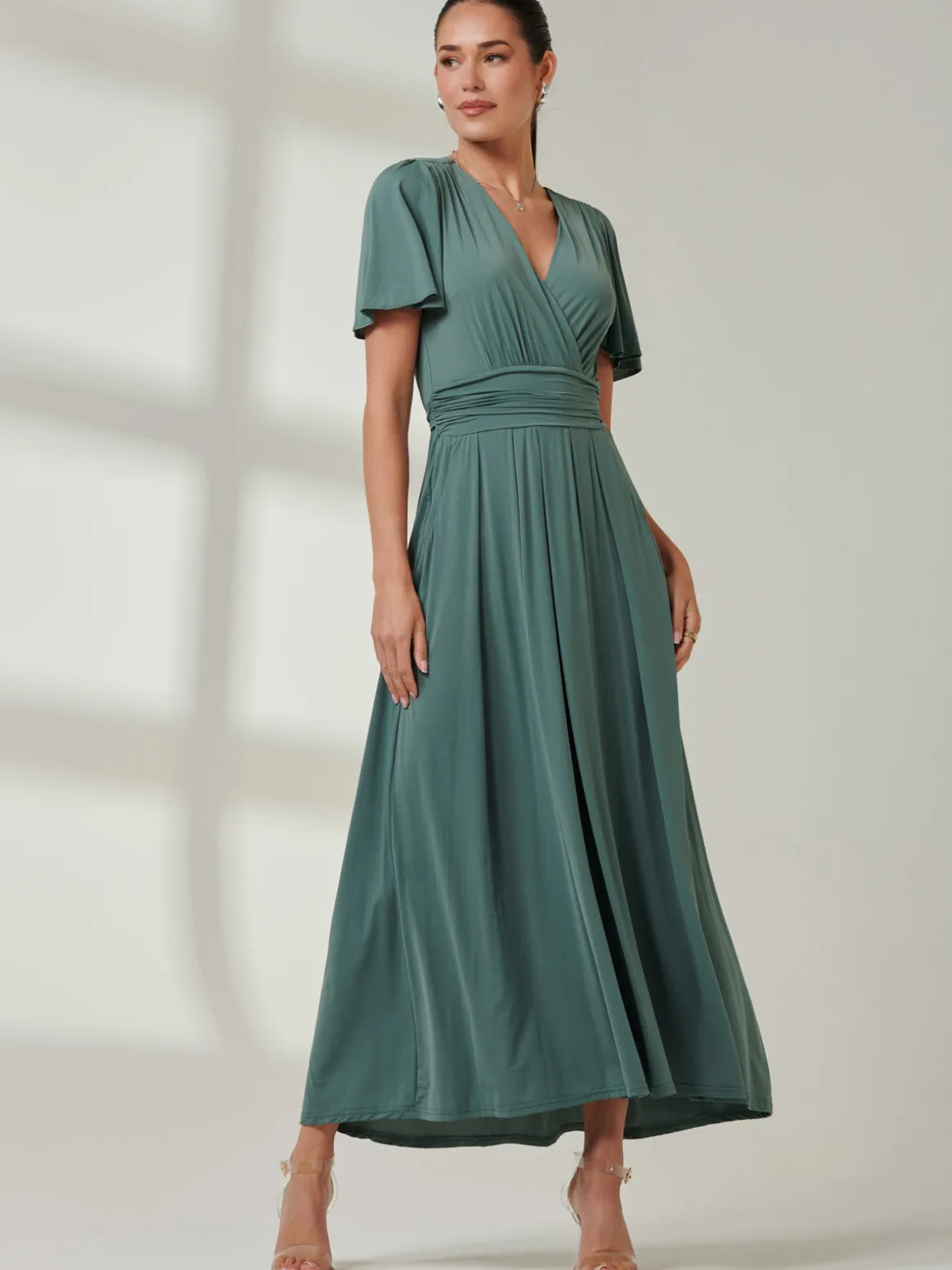 Angel Sleeve Jersey Maxi Dress Pleat Green